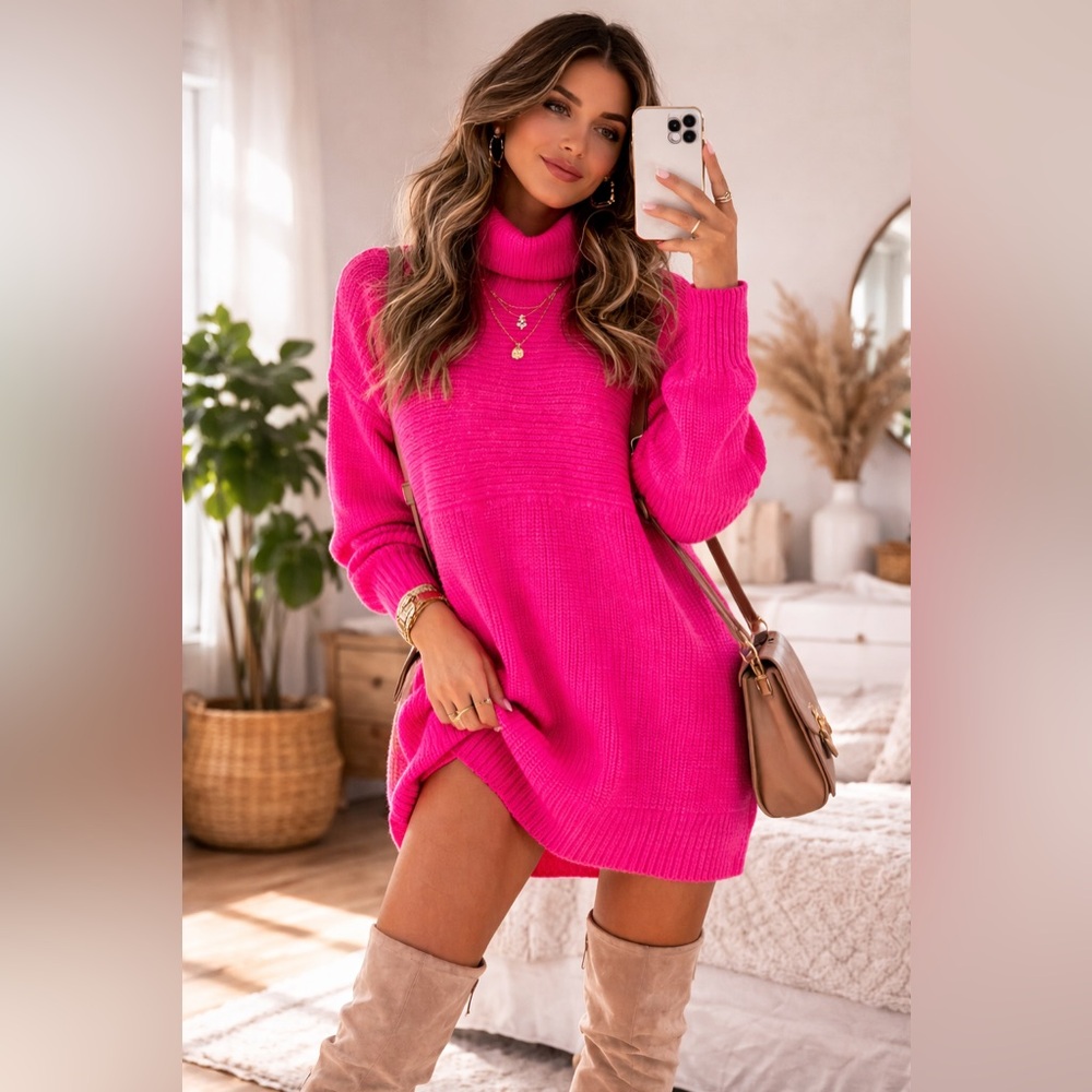 Hot Pink Turtleneck Sweater Dress, Cozy Knit, S-M-L (PTP 22-29”), Oversized Chic